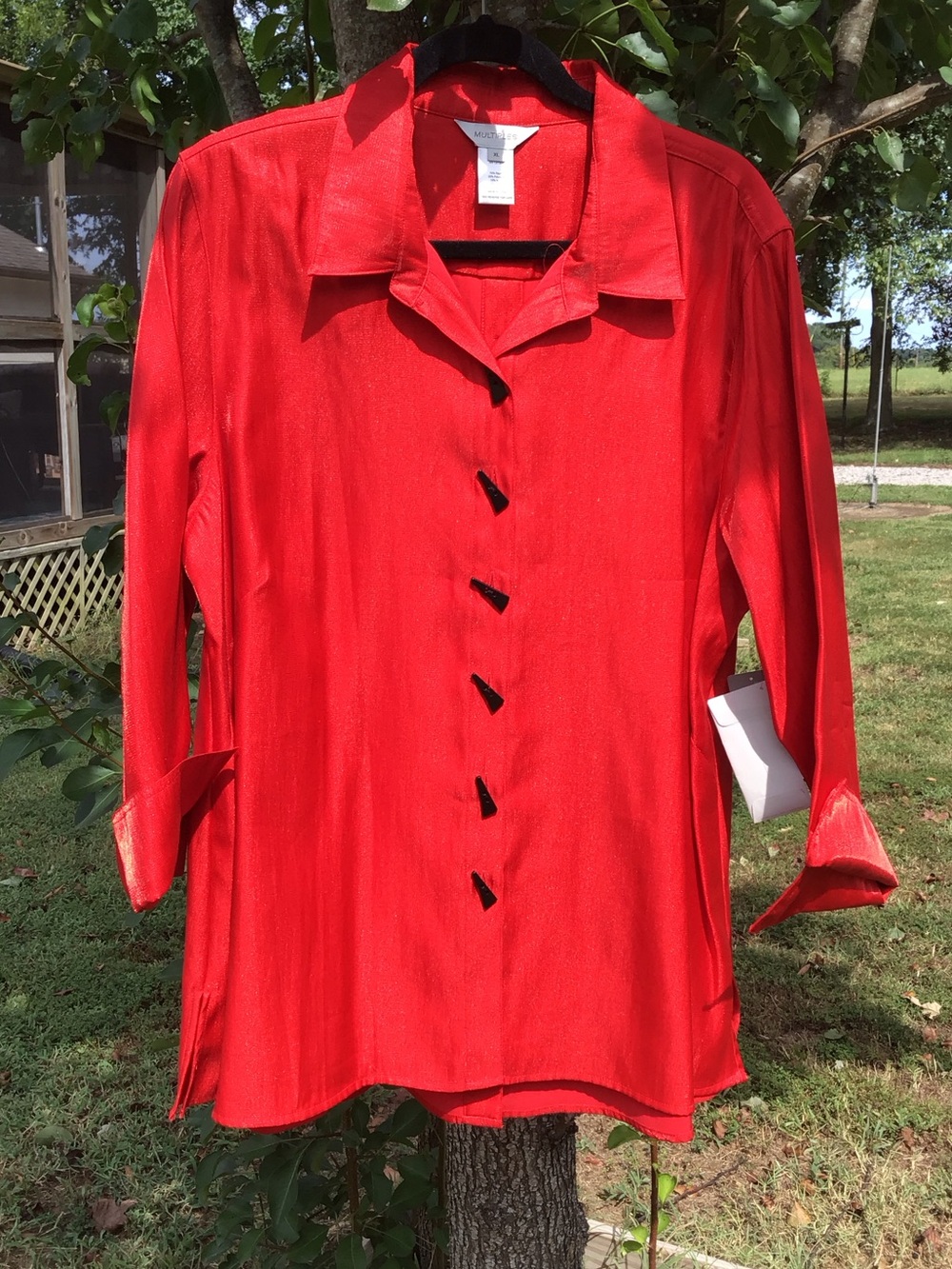 Multiples Bright Red Shimmer 3/4 Sleeve Button-Front Blouse